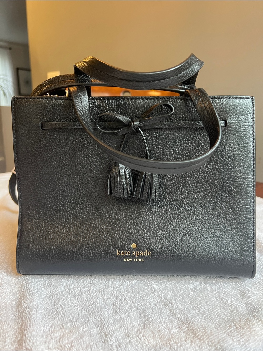 Kate Spade | Black Pebbled Leather Satchel with Tassel and Cross Body Strap *NEW